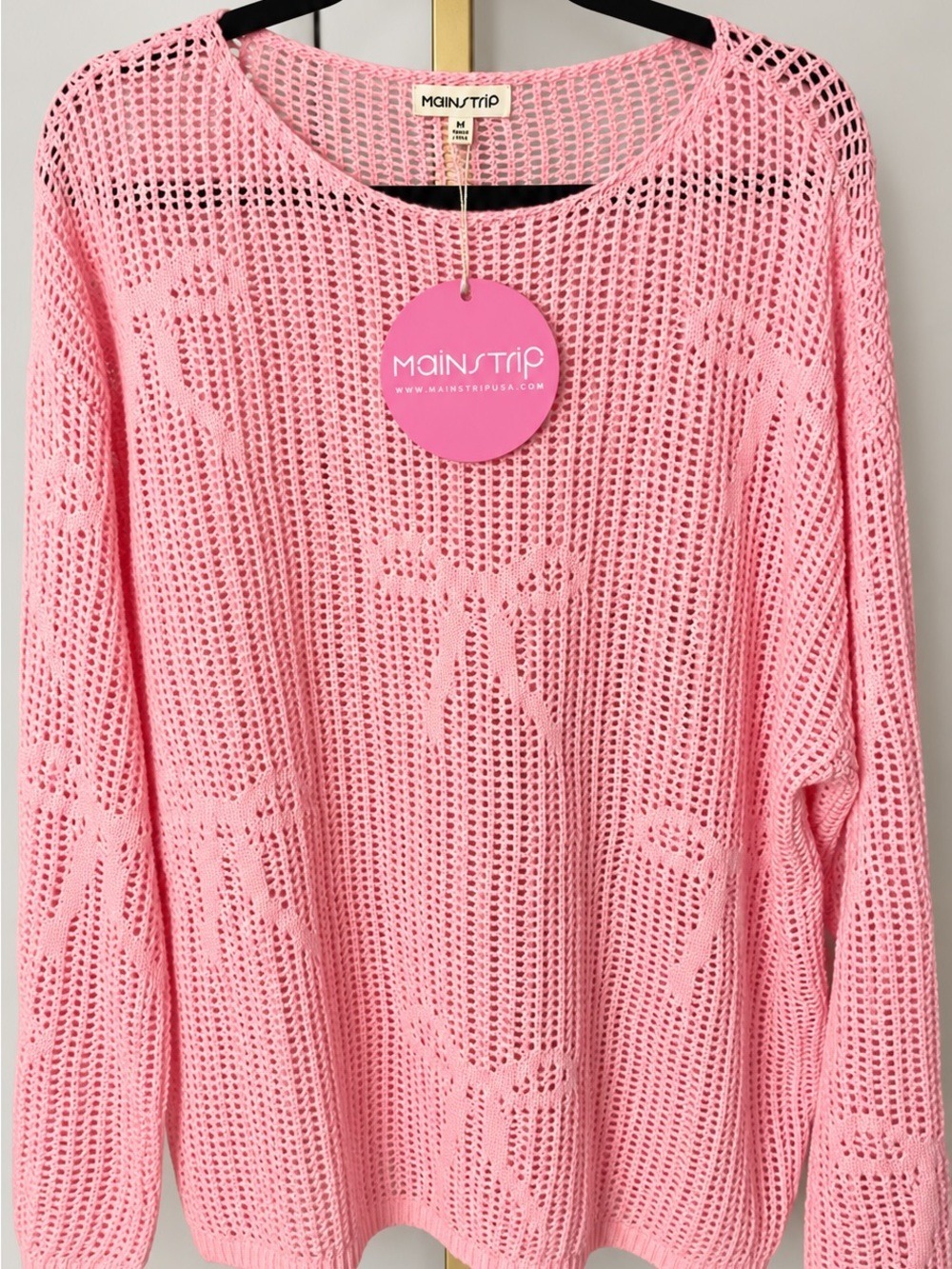 Main Strip Pink Open-Weave Crewneck Sweater